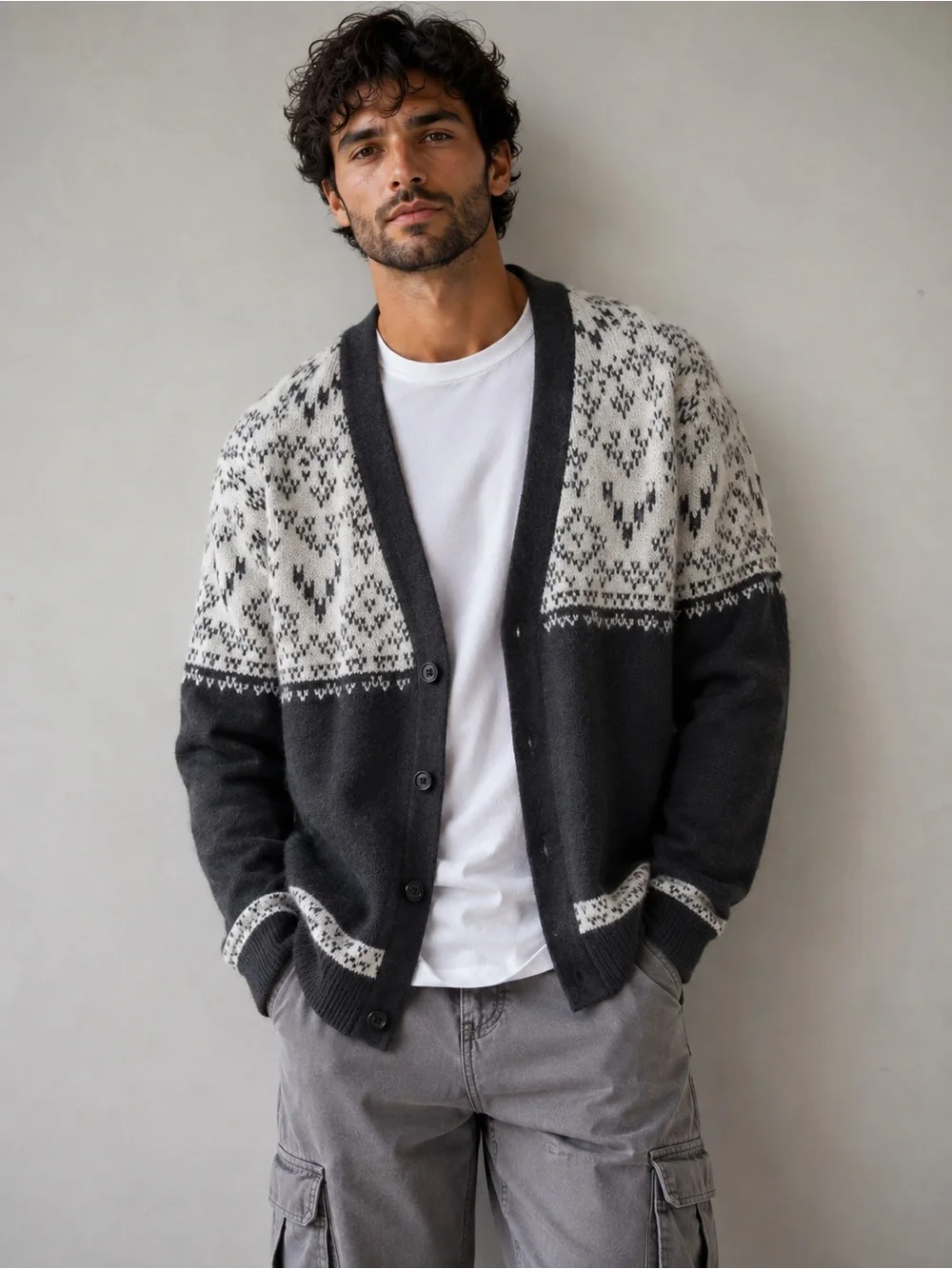 FRANK & OAK Preppy Grandpa Charcoal Gray and White Patterned Cardigan Size Lg
